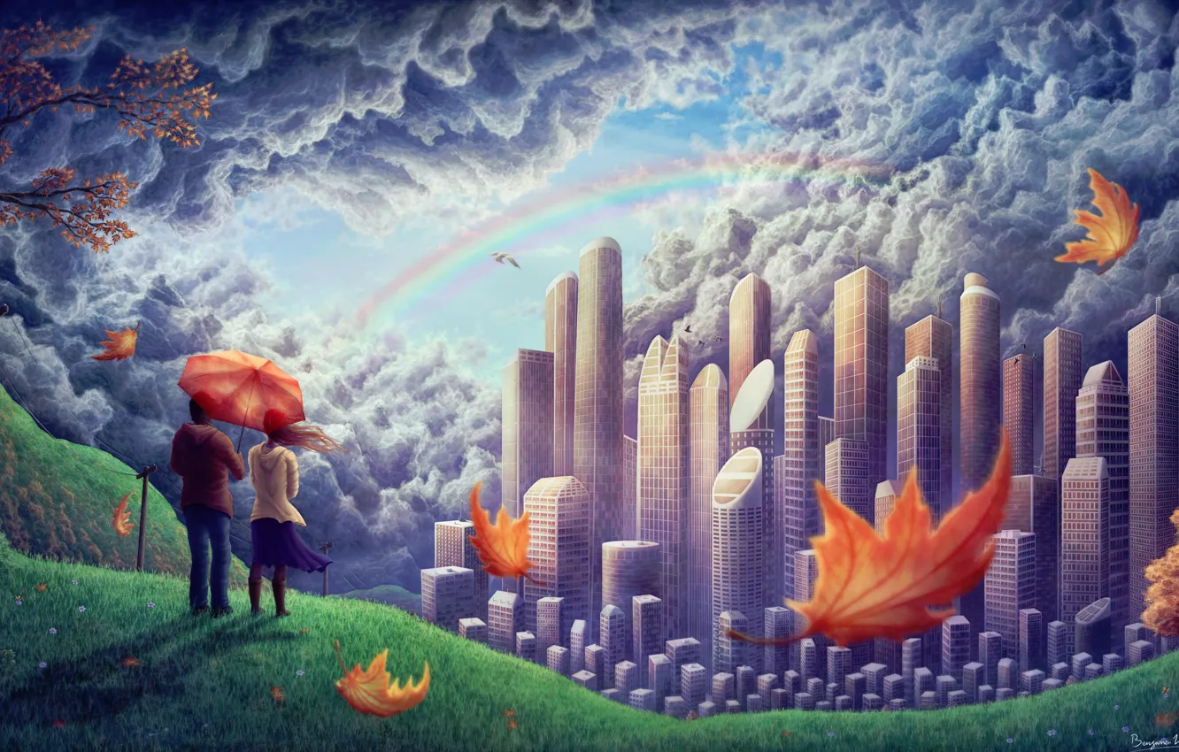 Photo wallpaper girl, clouds, the city, the wind, hills, bird, foliage, rainbow