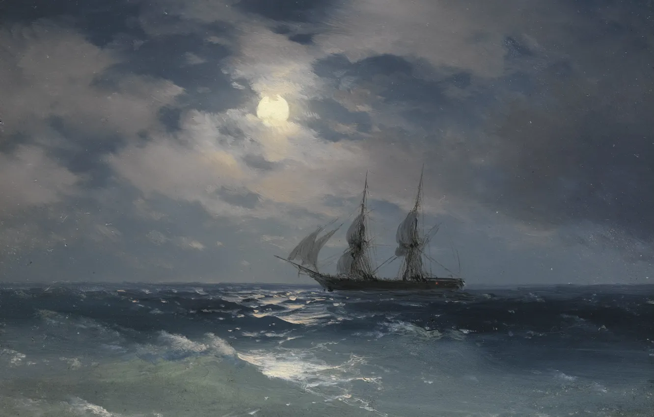 Photo wallpaper sailboat, Aivazovsky, The brig mercury in the moonlight, Russian painting