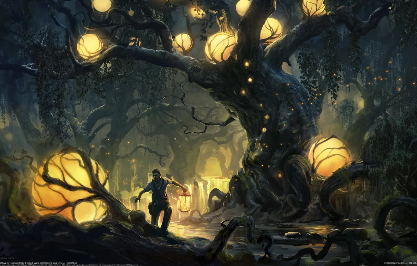 Photo wallpaper forest, river, tree, balls, art, lantern, male, sphere