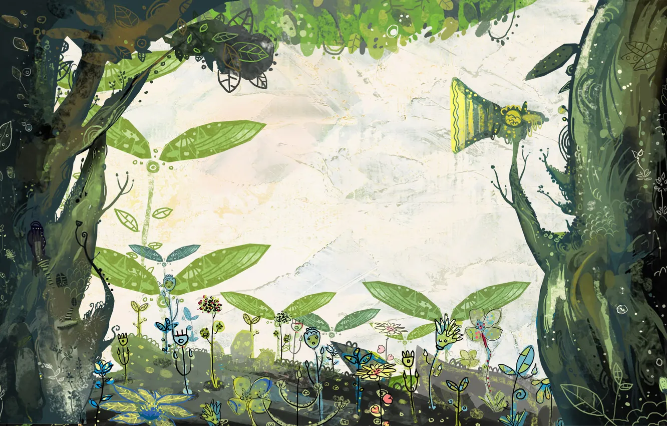 Photo wallpaper trees, flowers, figure