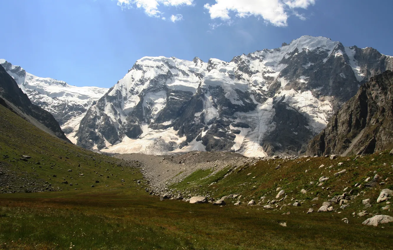 Photo wallpaper ice, the sky, grass, clouds, snow, mountains, nature, stones