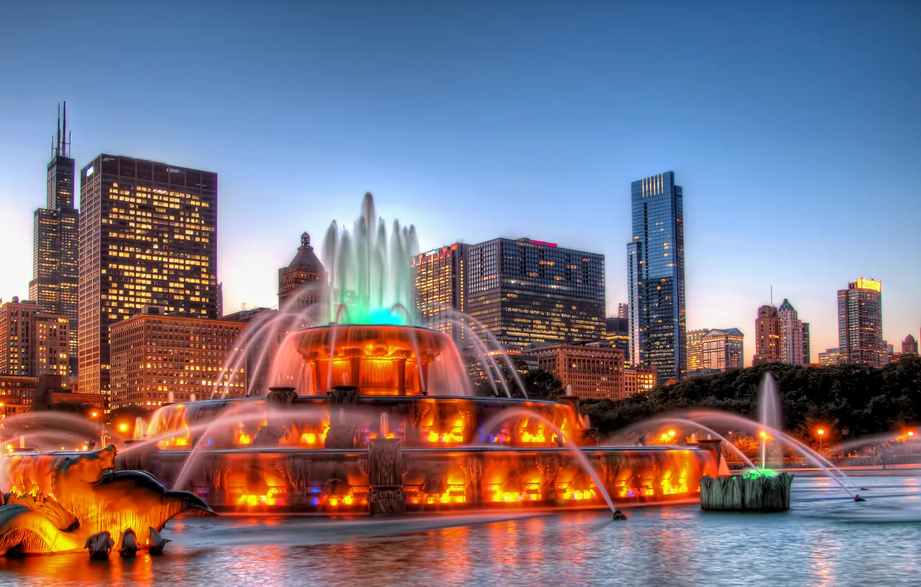 Photo wallpaper night, the city, lights, fountain, USA, panorama, Сhicago