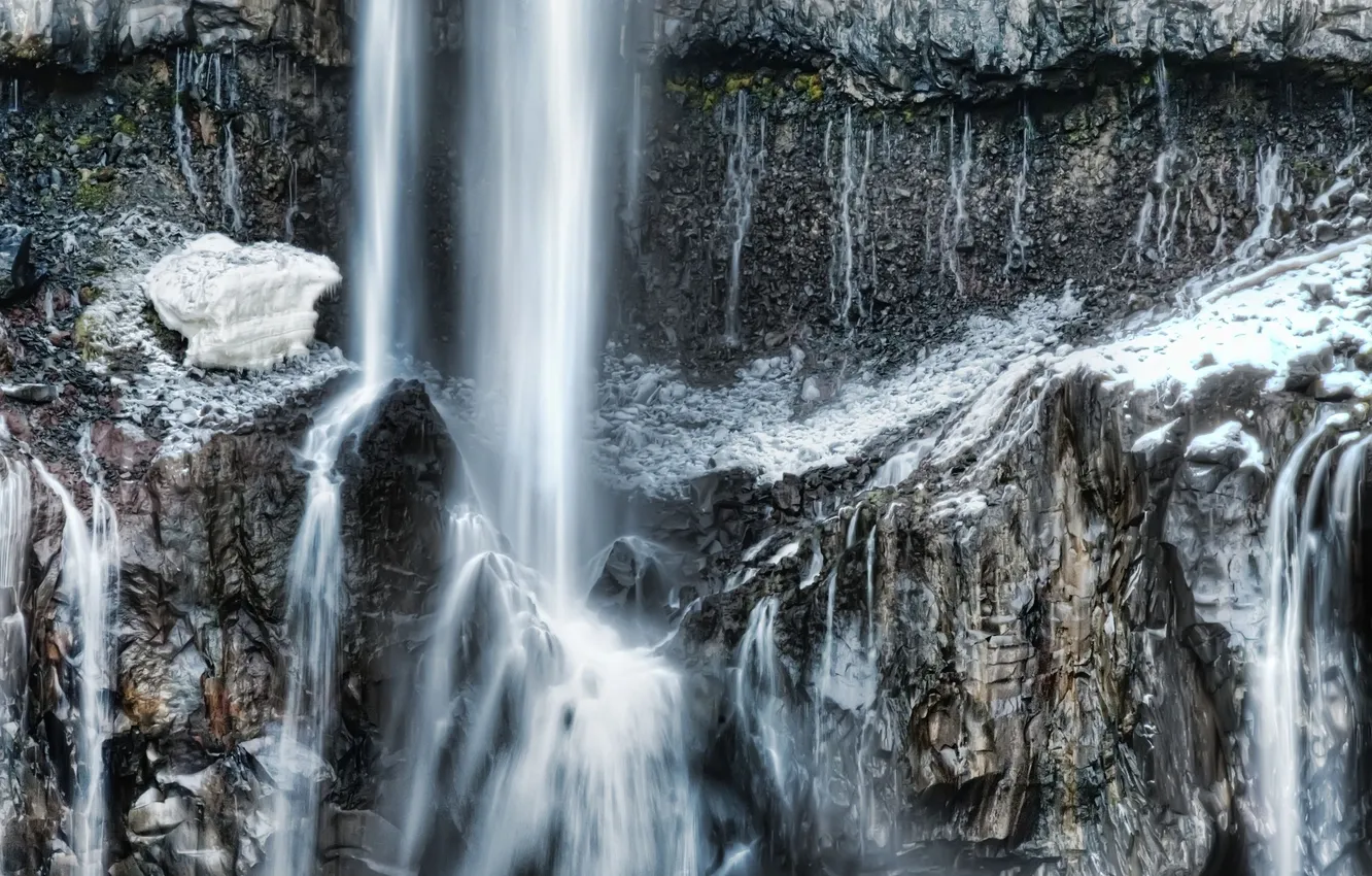 Photo wallpaper winter, rock, waterfall