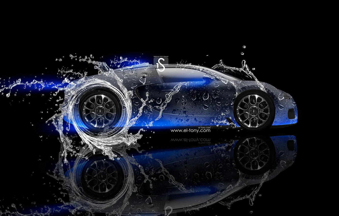 Photo wallpaper Water, Neon, Bugatti, Veyron, Blue, Veyron, Blue, Photoshop