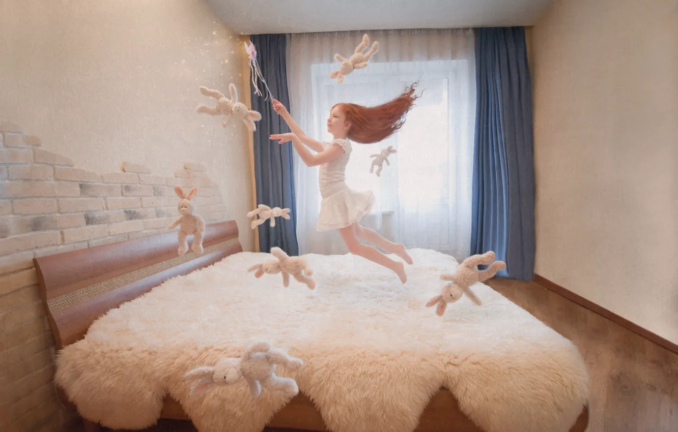 Photo wallpaper flight, magic, toys, girl, bed, magic wand