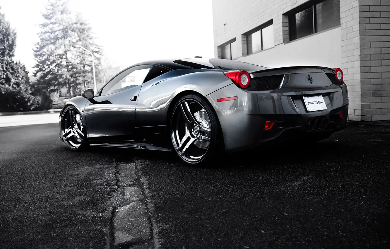 Photo wallpaper trees, the building, silver, wheels, ferrari, Ferrari, rear view, Italy