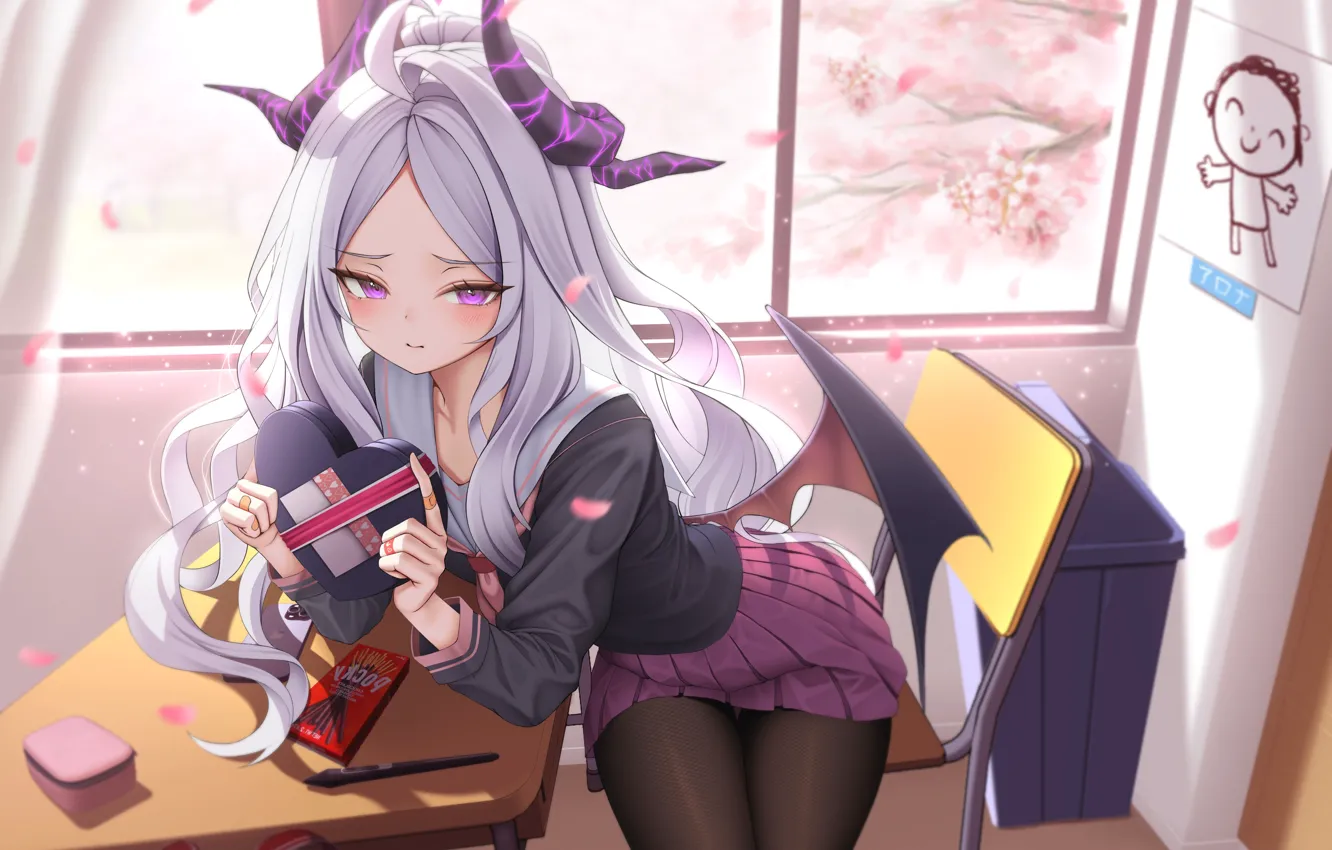 Photo wallpaper girl, gift, horns, school uniform, desks, embarrassment, Hina, Blue Archive