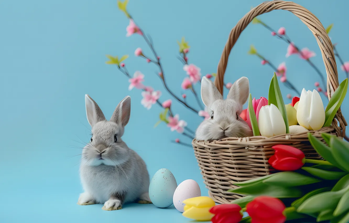 Photo wallpaper flowers, branches, red, grey, holiday, eggs, bouquet, spring