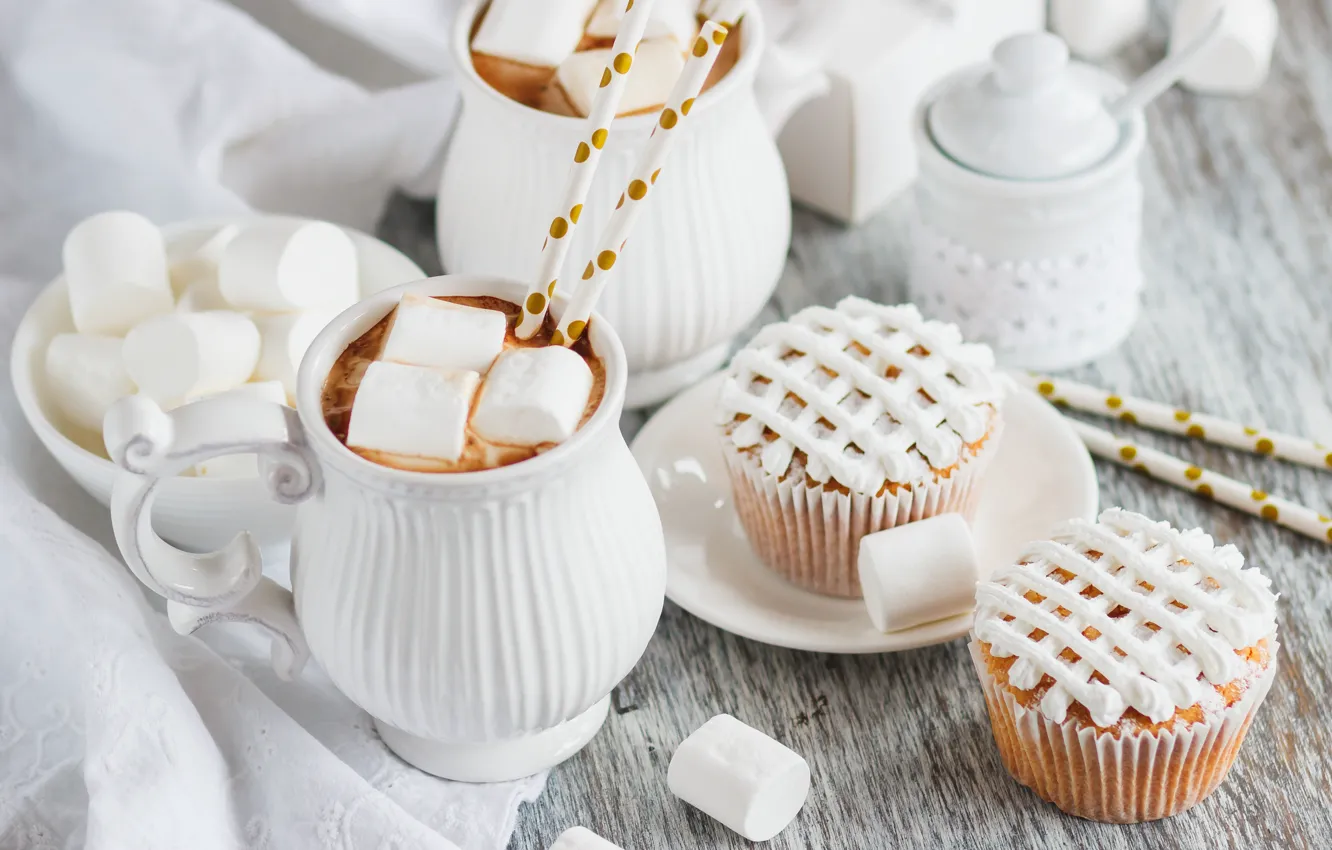 Photo wallpaper cream, dessert, cupcakes, cocoa, marshmallow