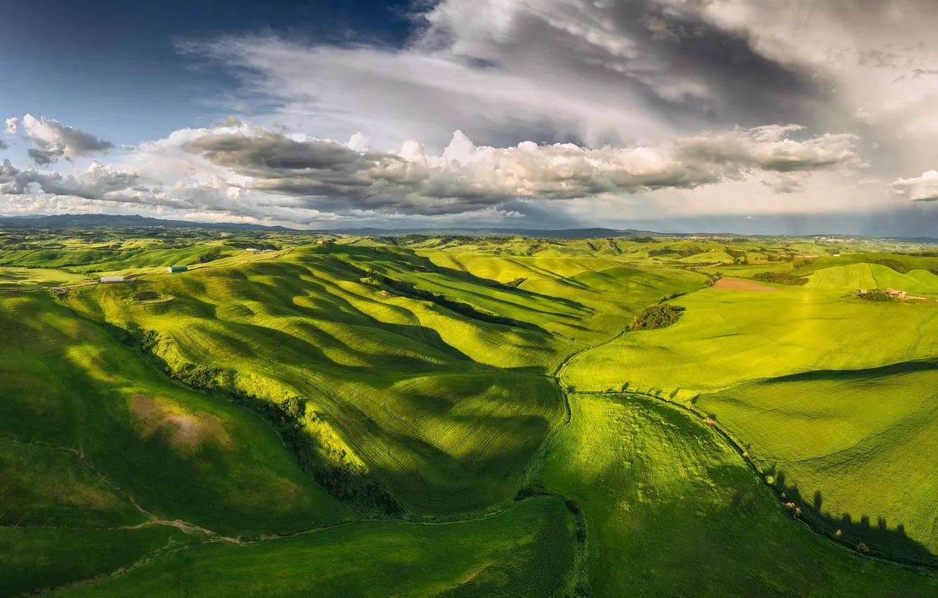 Photo wallpaper road, clouds, light, trees, mountains, green, hills, view