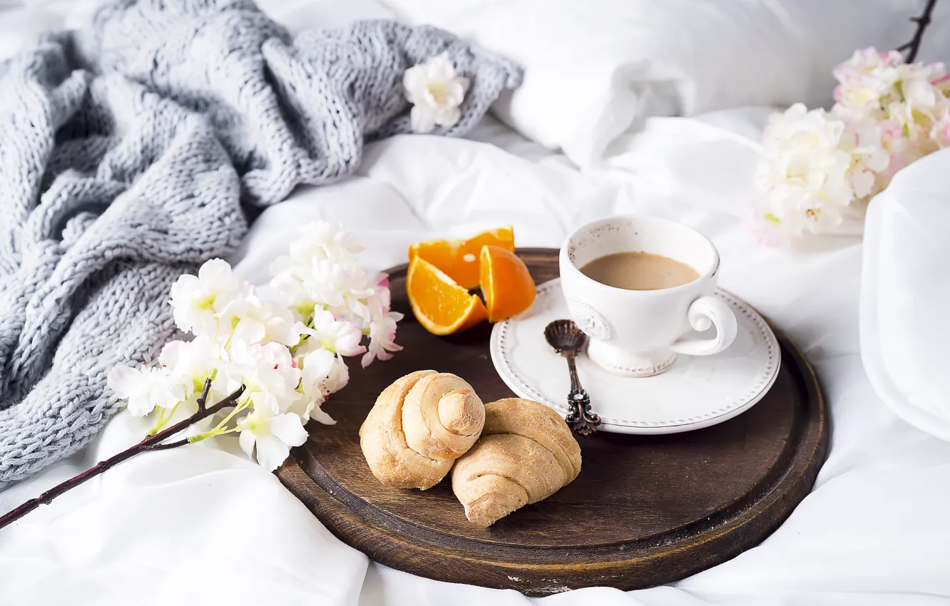 Photo wallpaper coffee, Cup, bed, tulips, flowers, romantic, coffee cup, croissants