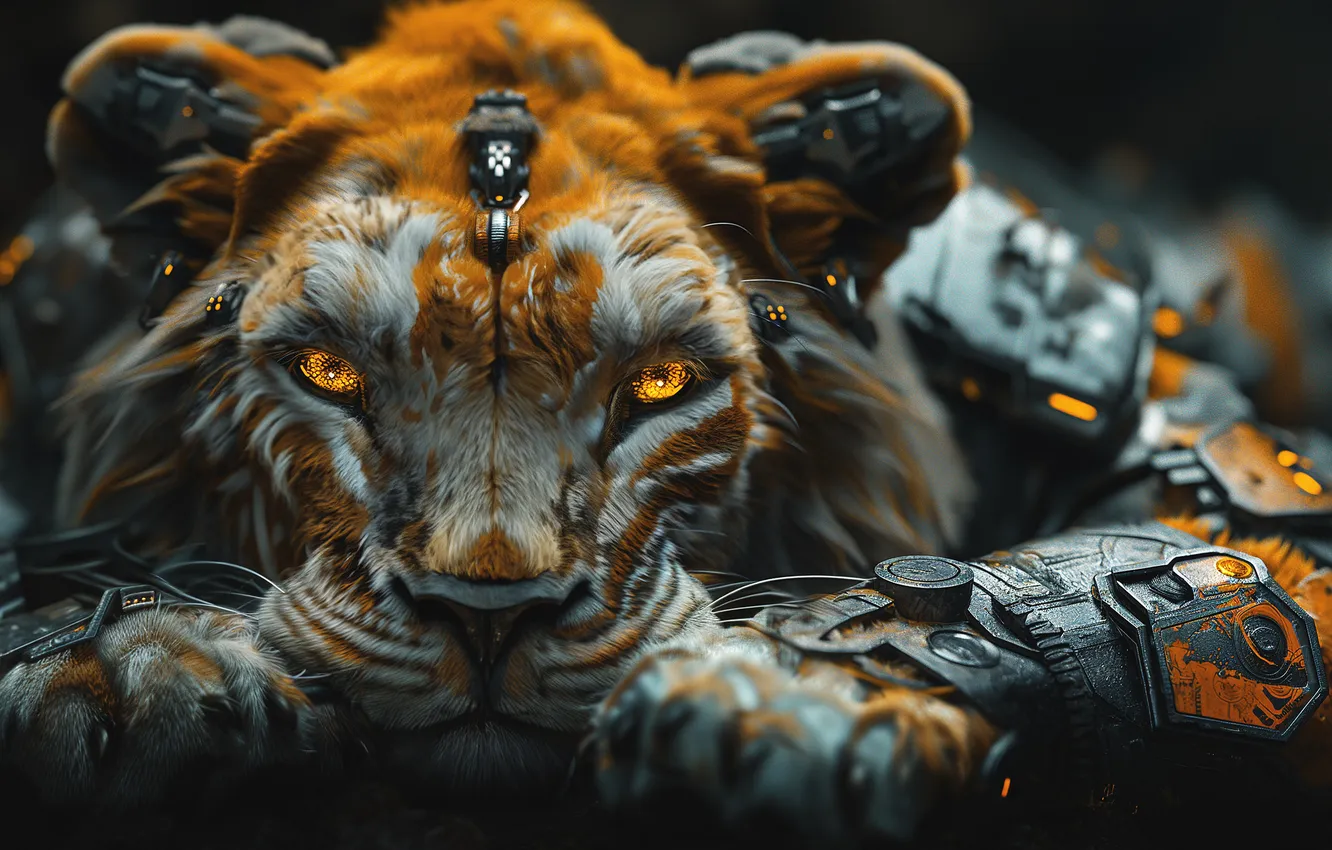 Photo wallpaper look, face, Leo, paws, Cyber