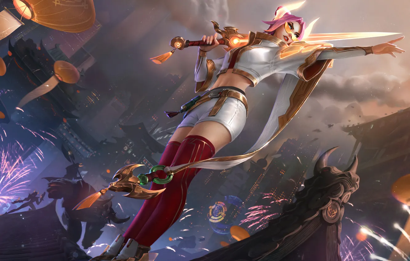 Photo wallpaper roof, night, city, the city, weapons, the game, sword, sword