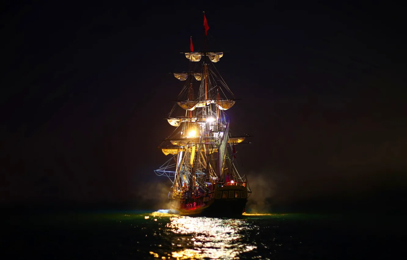 Photo wallpaper sea, night, lights, sailboat