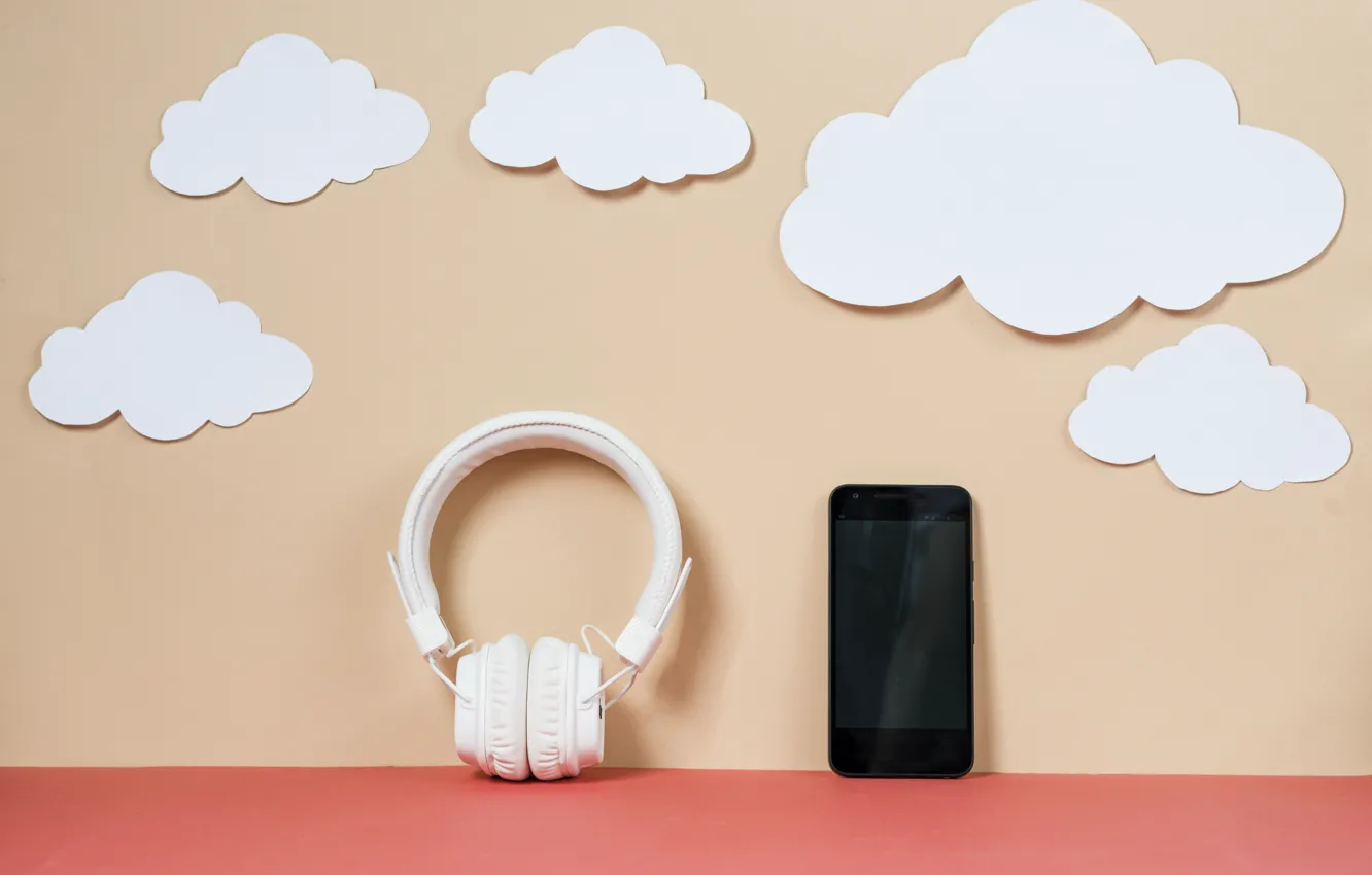 Photo wallpaper clouds, Music, headphones, phone