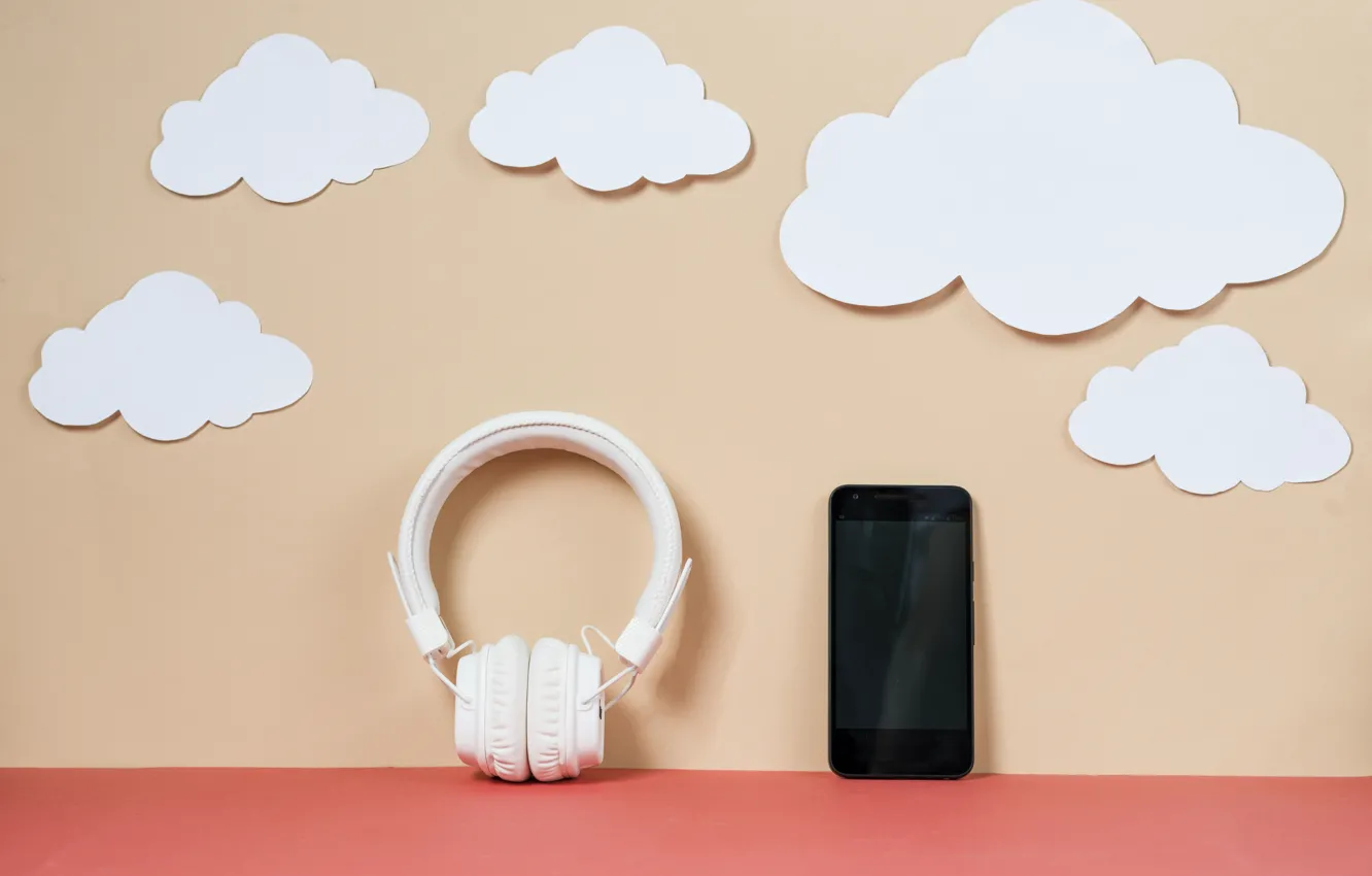 Photo wallpaper clouds, music, headphones, phone