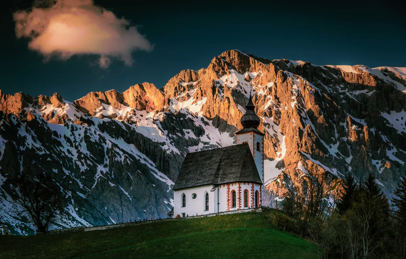 Photo wallpaper mountains, Austria, Alps, Church, Austria, Alps, The Church Of St. Nicholas, Dienten