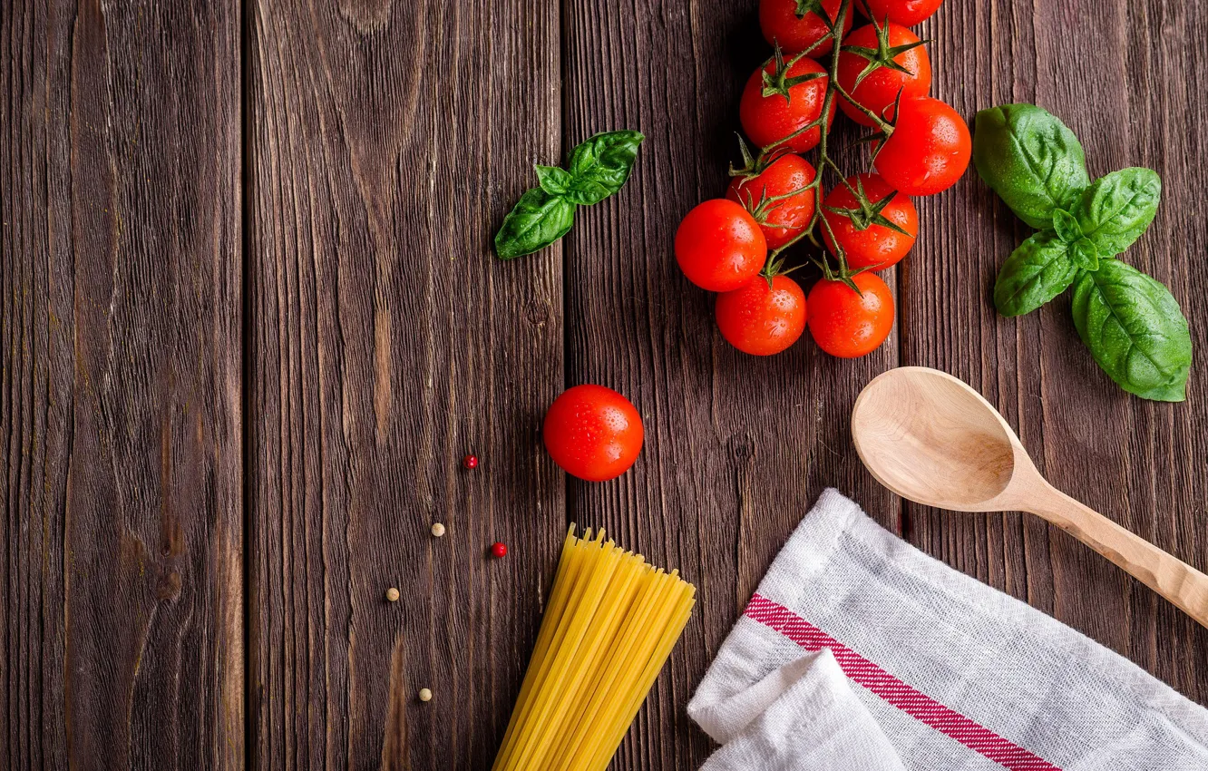 Photo wallpaper background, Tomatoes, mint, spaghetti