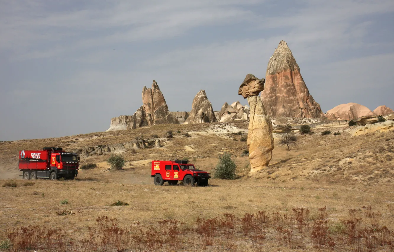 Photo wallpaper rocks, vegetation, plain, SUV, truck, red, Renault, Sherpa