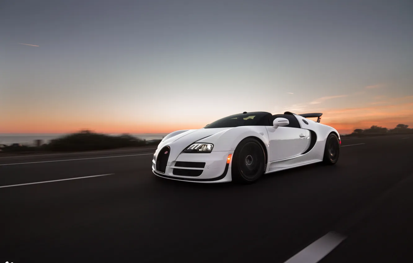 Photo wallpaper road, speed, the evening, veyron, sport, bugatti, grand, roadster