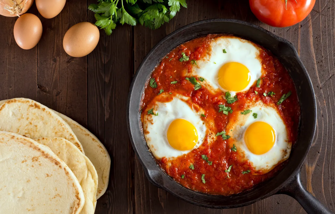 Photo wallpaper eggs, bread, tomatoes, parsley, pan, shakshuka