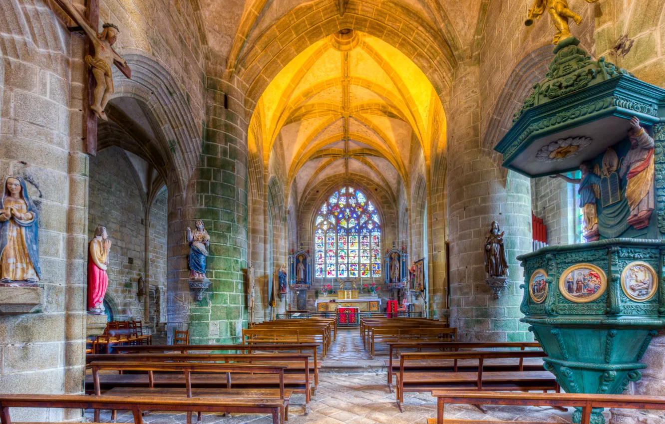 Photo wallpaper France, Church, religion, bench, arch, Brittany, the nave, the pulpit