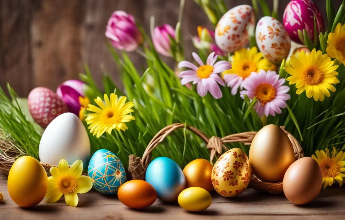 Photo wallpaper flowers, eggs, spring, colorful, Easter, flowers, spring, Easter