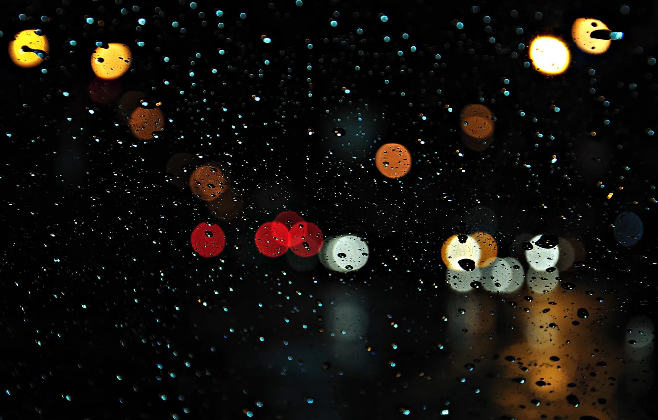 Photo wallpaper glass, drops, the city, lights, rain, the evening, bokeh