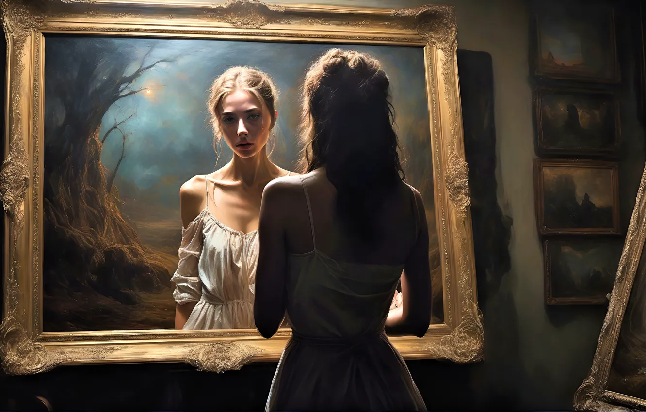 Photo wallpaper girl, reflection, mirror, white dress, digital art, digital art, artificial intelligence, Stability AI