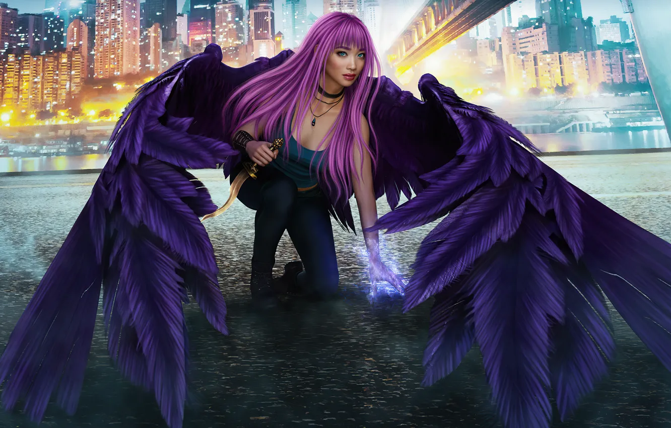 Photo wallpaper girl, hair, wings, angel, dagger