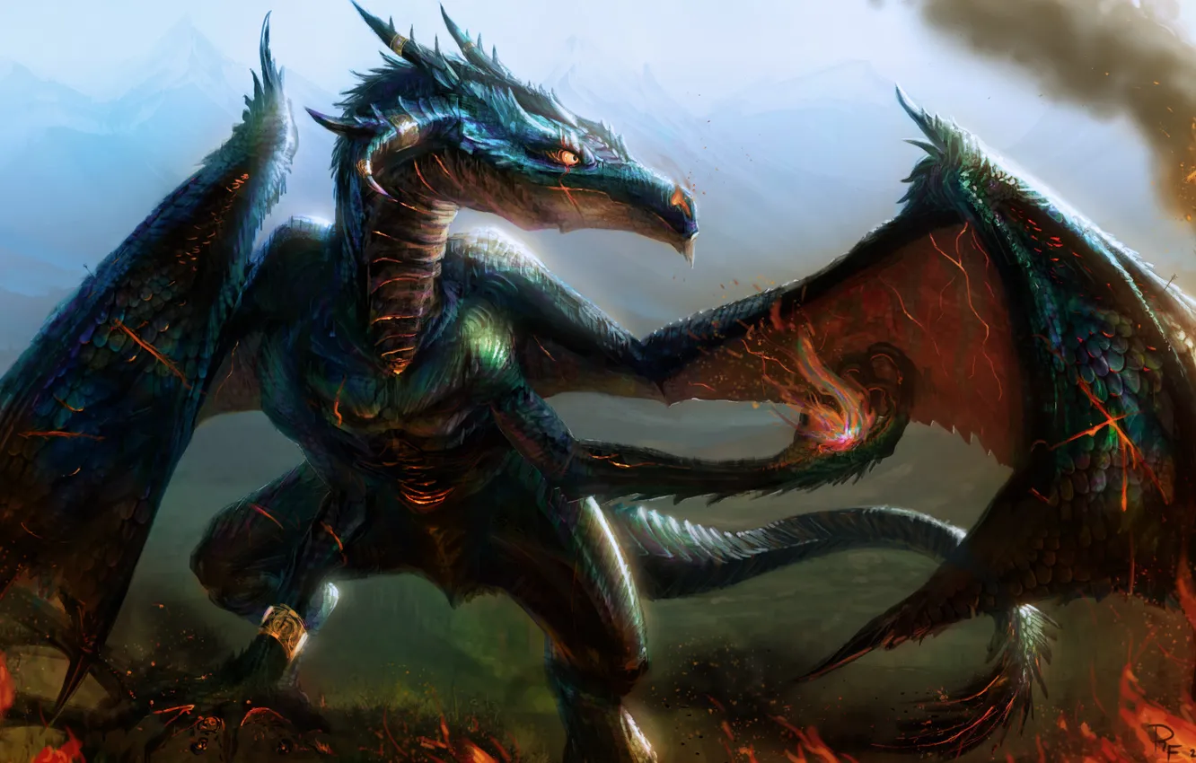 Photo wallpaper lights, fire, magic, dragon, tower, art