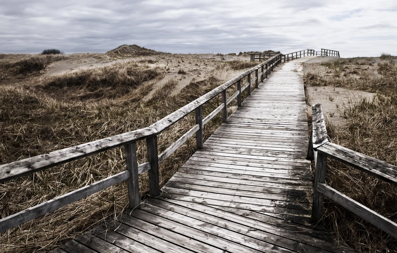 Photo wallpaper sand, the sky, nature, landscapes, Board, track, railings, grey