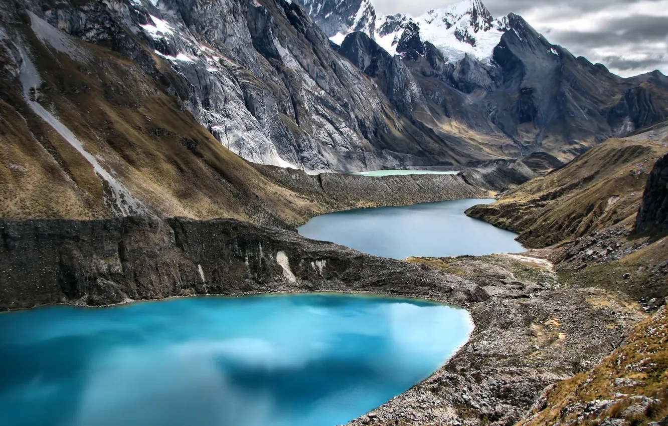 Photo wallpaper snow, mountains, nature, lake, stones