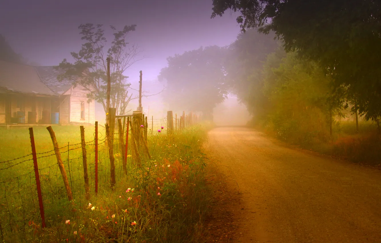 Photo wallpaper road, nature, fog, house, the fence, morning