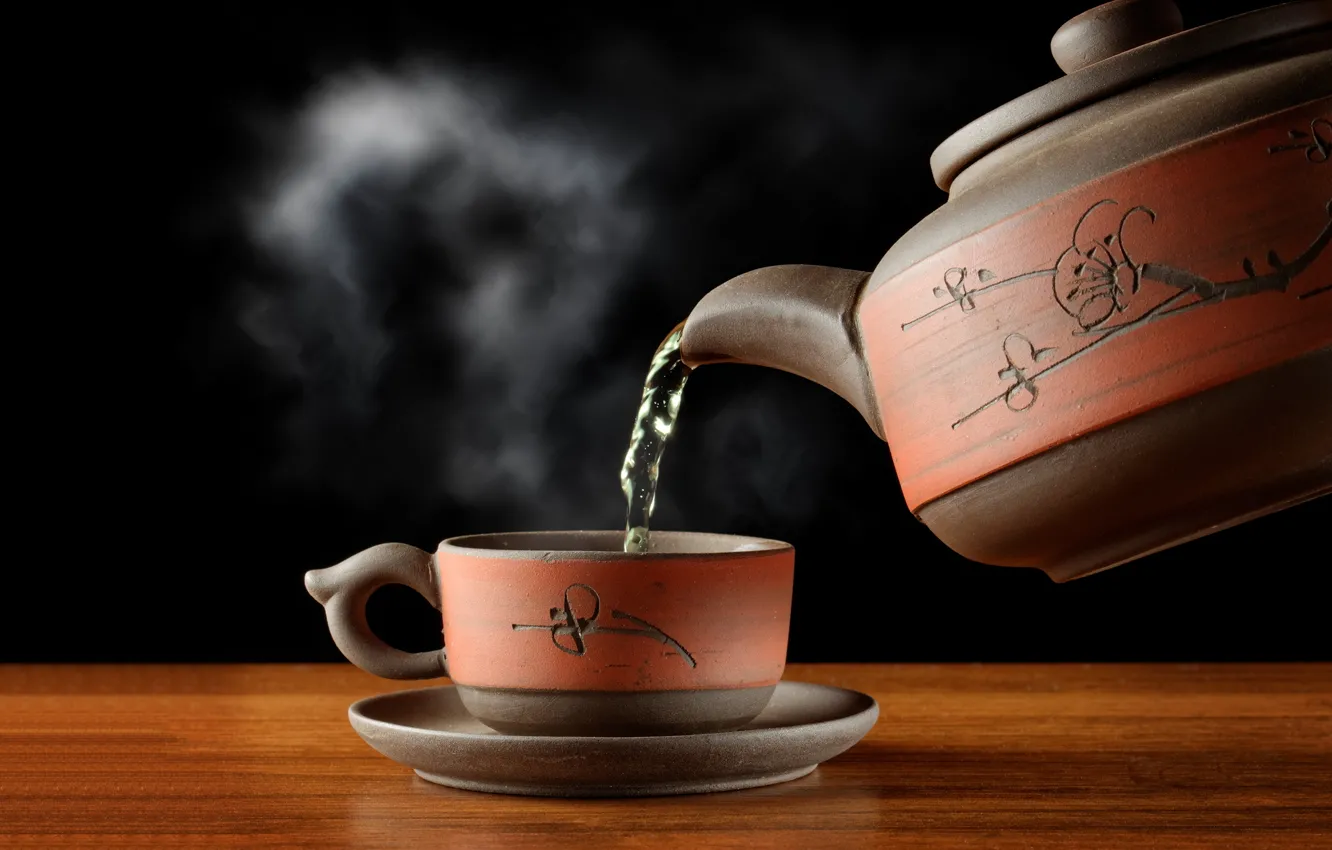 Photo wallpaper green, kettle, Cup, saucer, hot tea