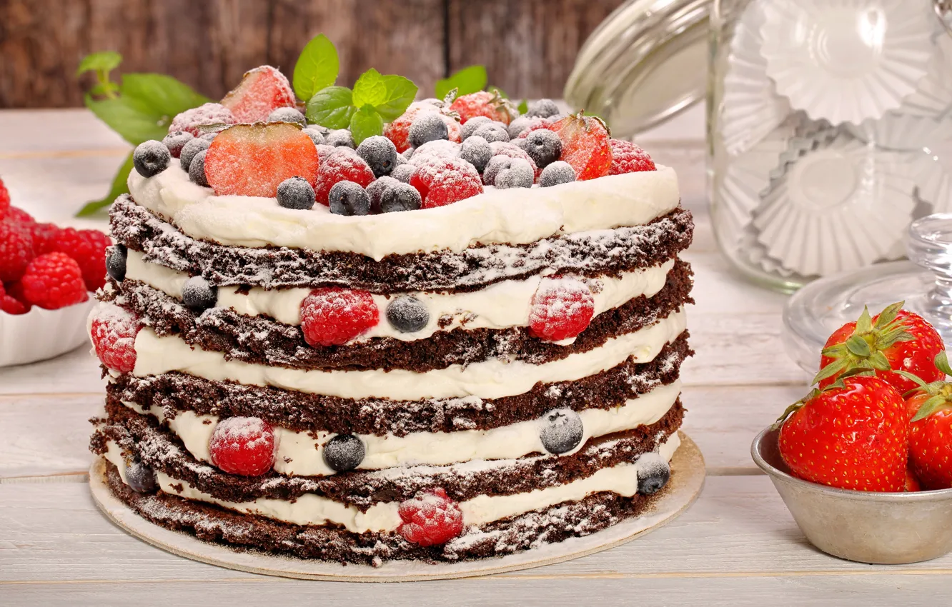 Photo wallpaper berries, raspberry, blueberries, strawberry, cake, cream, powdered sugar, chocolate cakes