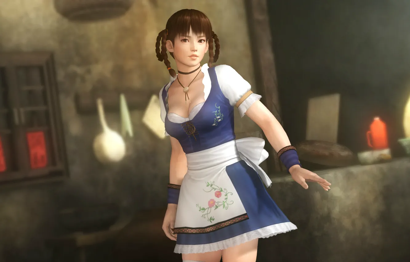Photo wallpaper brunette, kitchen, costume, braids, dead or alive, apron, DoA Girls