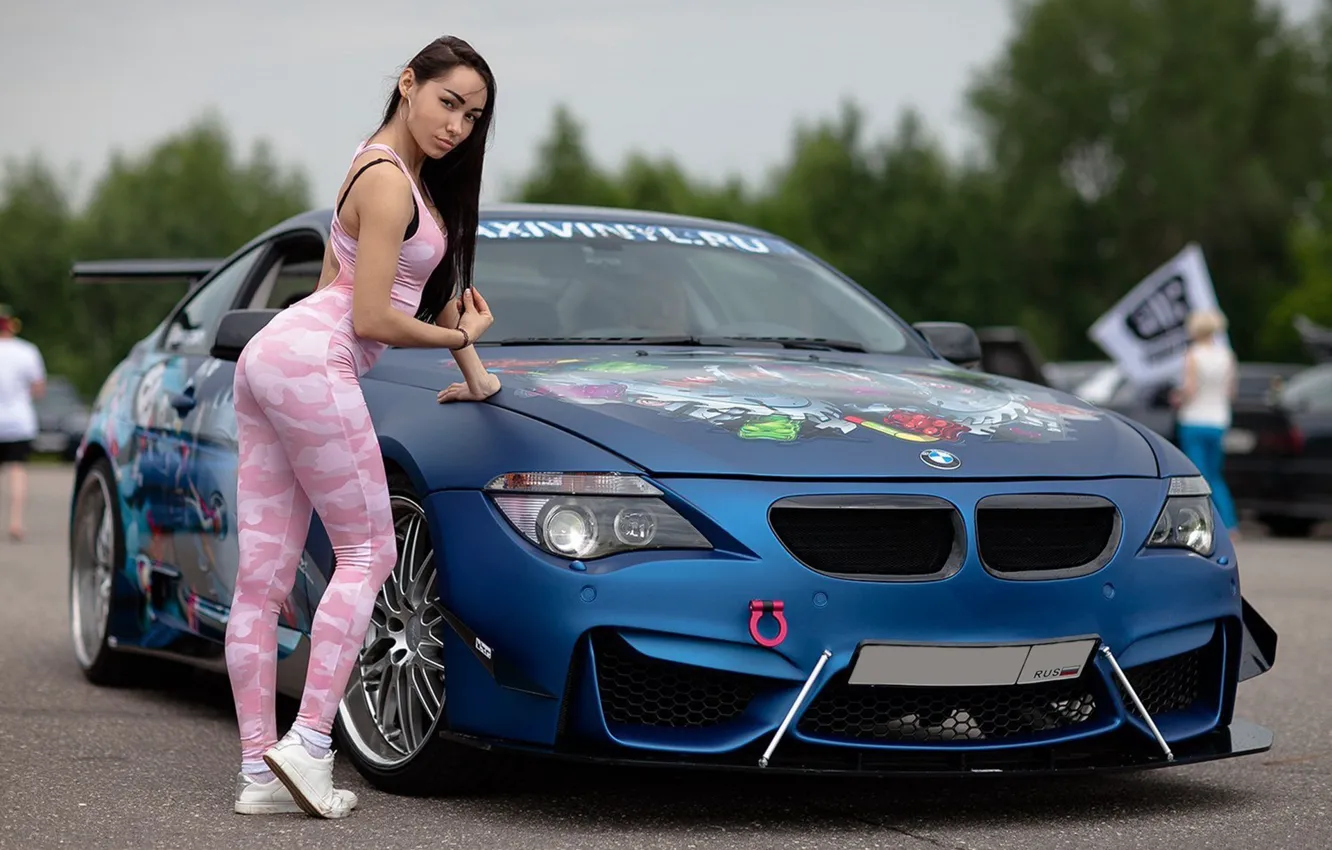 Photo wallpaper auto, look, Girls, BMW, leaning on the car, beautiful girl