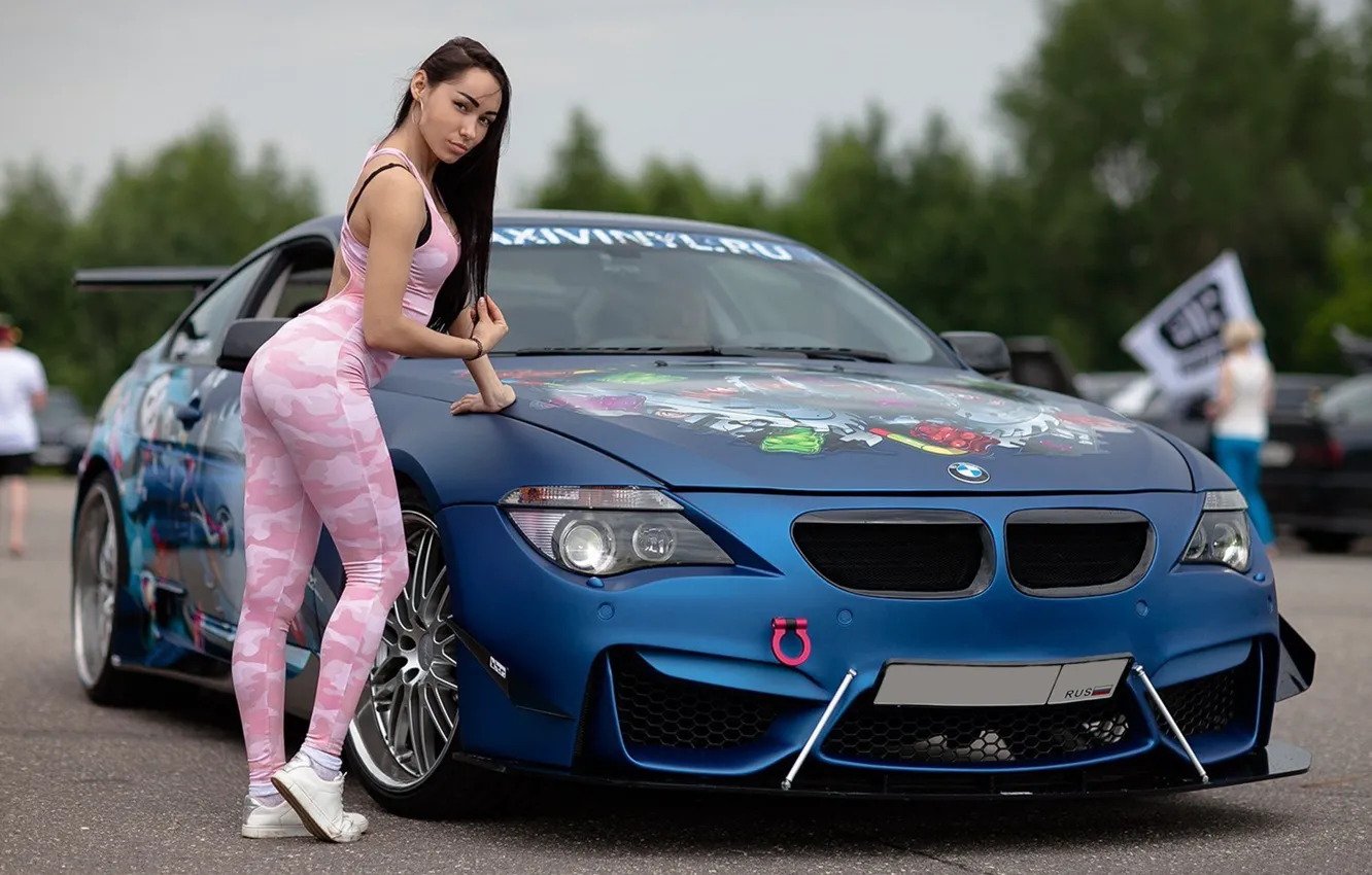 Photo wallpaper auto, look, girl, BMW, leaning on the car, beautiful girl