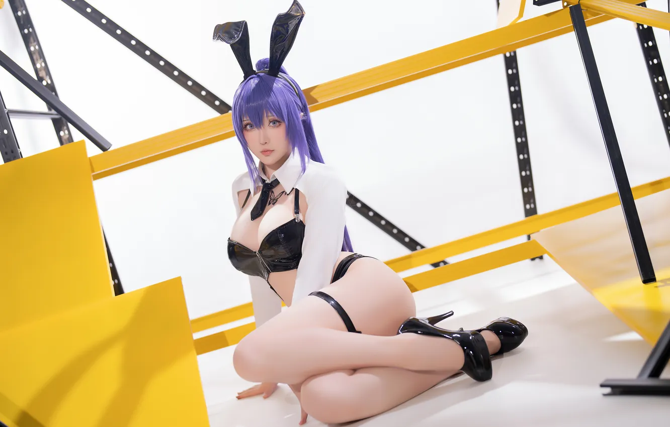 Photo wallpaper long hair, blue eyes, model, women, cosplay, lying down, blue hair, bunny girl