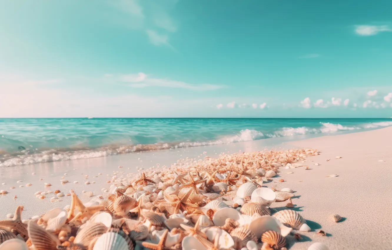 Photo wallpaper sea, beach, shore, shell, starfish, seashells, seashell, AI art