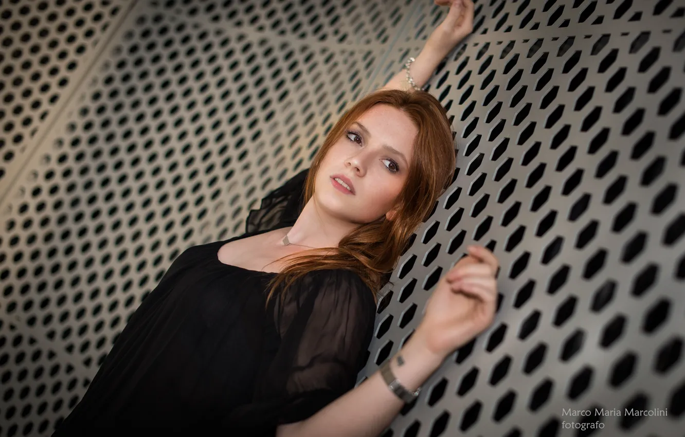 Photo wallpaper look, transparent, pose, red hair, in black, the wall, Marco Maria Marcolini