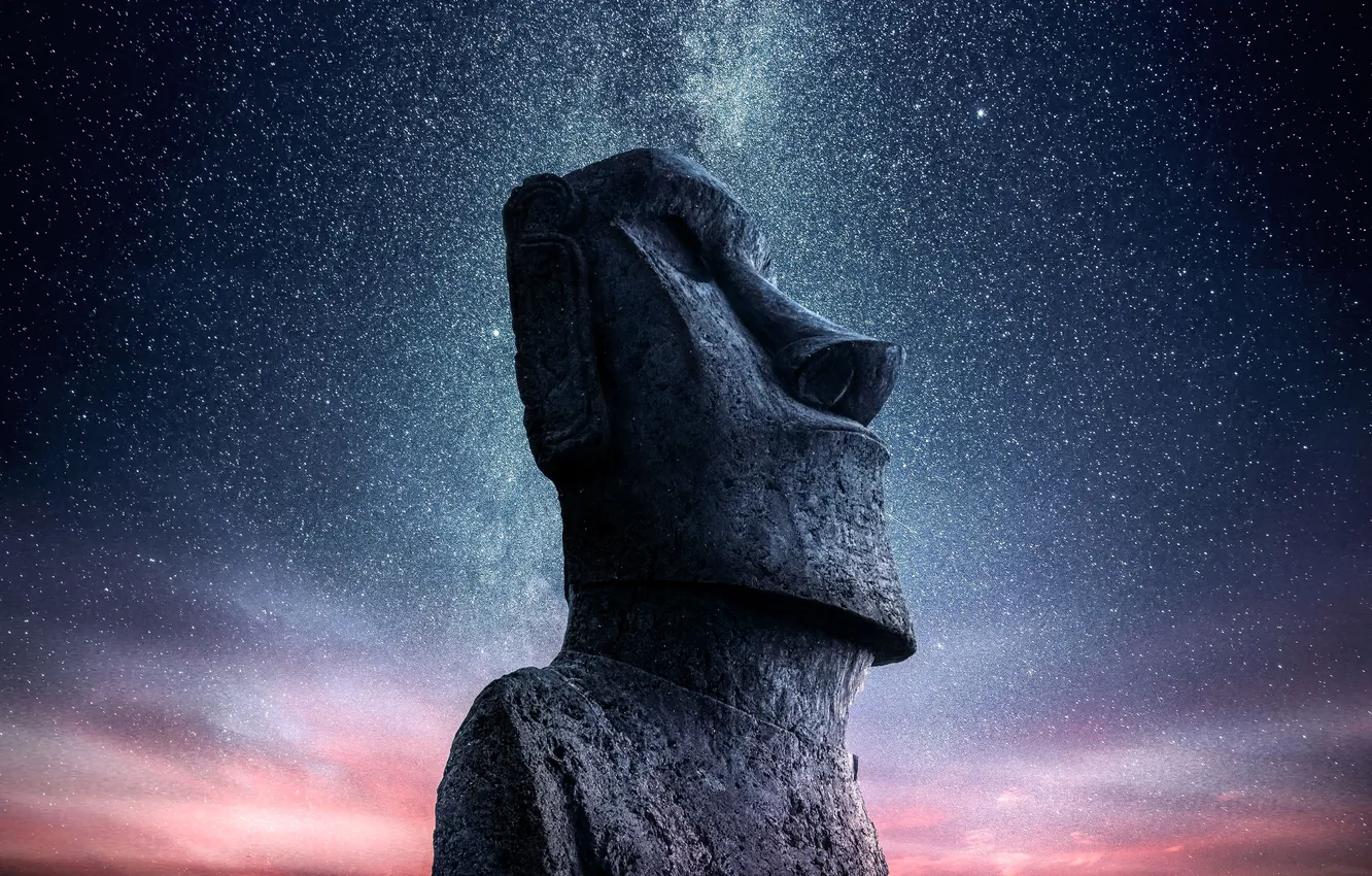 Photo wallpaper the sky, stars, dawn, head, Easter island, statue, idols, moai