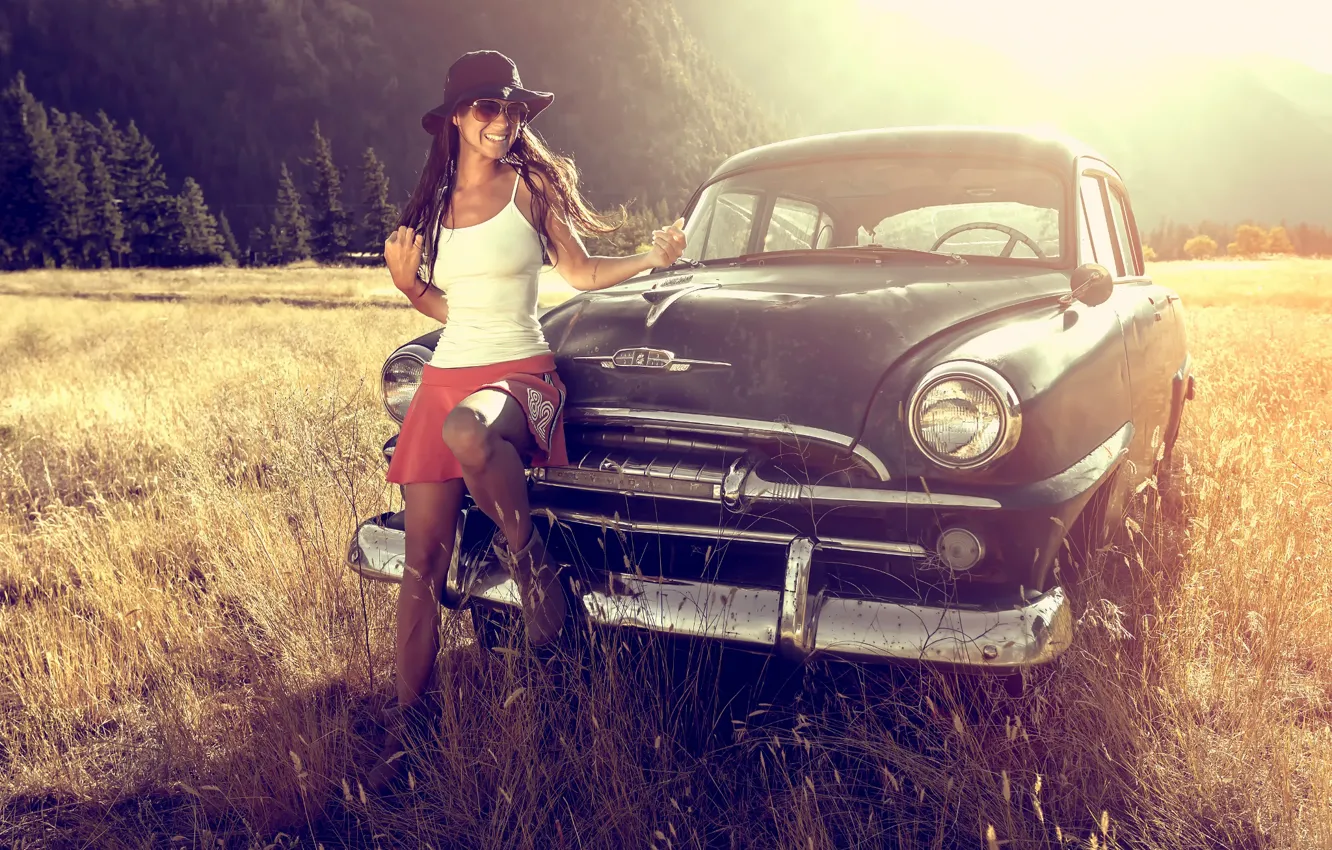 Photo wallpaper machine, summer, girl, laughter, skirt, On the Road