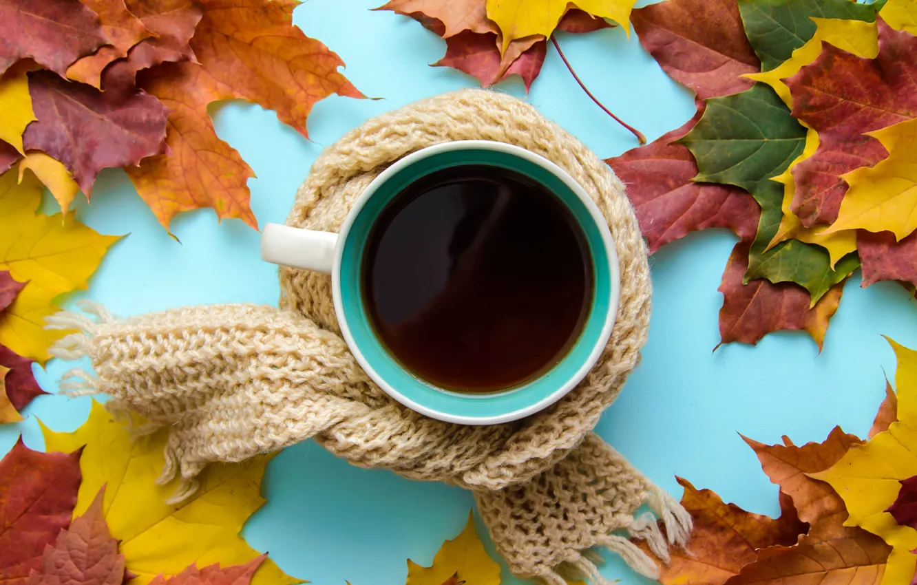 Photo wallpaper autumn, leaves, scarf, wood, autumn, leaves, coffee cup, a Cup of coffee