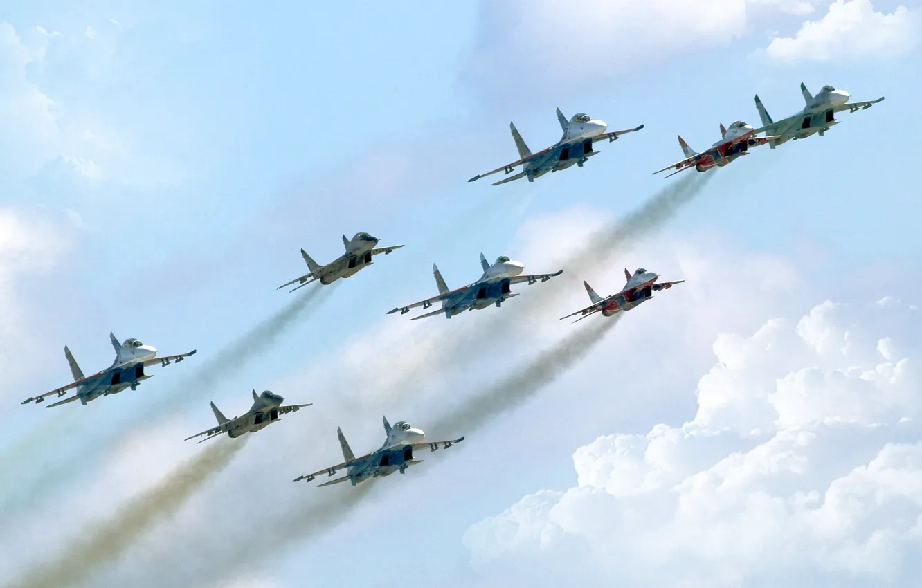 Photo wallpaper the sky, aviation, fighter, day, Russia, a lot, multipurpose, Swifts