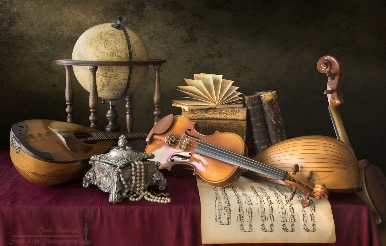 Photo wallpaper notes, violin, books, necklace, box, still life, globe, mandolin
