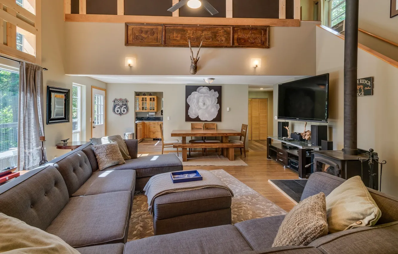 Photo wallpaper interior, kitchen, fireplace, living room, dining room, ranch, village house, The Rustic at Lake Wenatchee