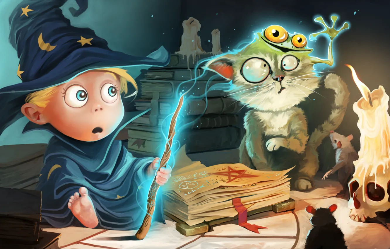 Photo wallpaper cat, magic, books, skull, frog, surprise, hat, candles