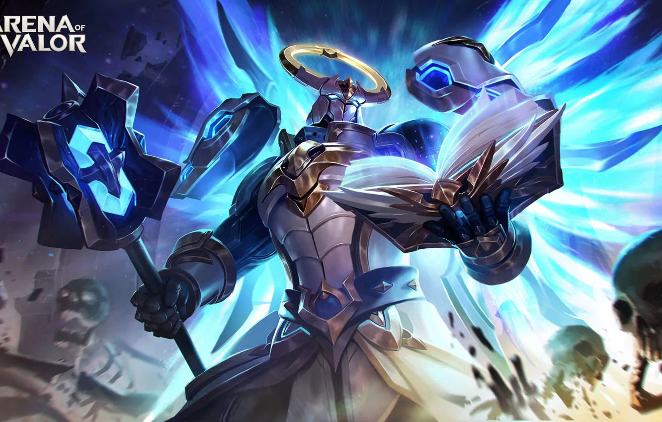 Photo wallpaper light, power, armor, power, warrior, skull, book, staff